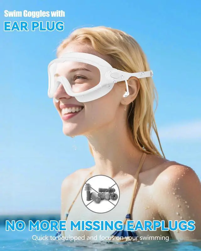 Alt view image 2 of 7 - New Adult Wide View Swim Goggles, Anti-Fog/UV No Leak Swimming Goggles with Ear Plugs for Men & Women