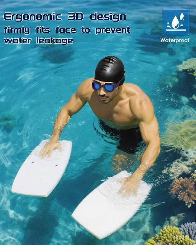 Alt view image 4 of 7 - Swim Goggles, Goggles Adult with Swim Cap, Nose Clip & Ear Plugs, UV Protection Anti-Fog Lens and Case, for Adult (Blue & Black)