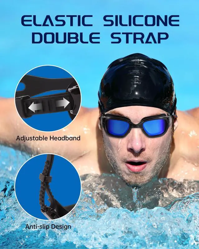 Alt view image 6 of 7 - Swim Goggles, Goggles Adult with Swim Cap, Nose Clip & Ear Plugs, UV Protection Anti-Fog Lens and Case, for Adult (Blue & Black)