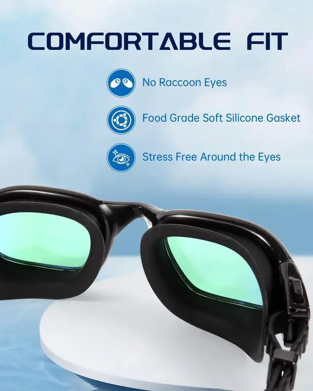 Alt view image 5 of 7 - Swim Goggles, Goggles Adult with Swim Cap, Nose Clip & Ear Plugs, UV Protection Anti-Fog Lens and Case, for Adult (Blue & Black)