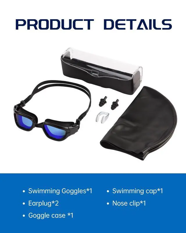 Alt view image 7 of 7 - Swim Goggles, Goggles Adult with Swim Cap, Nose Clip & Ear Plugs, UV Protection Anti-Fog Lens and Case, for Adult (Blue & Black)