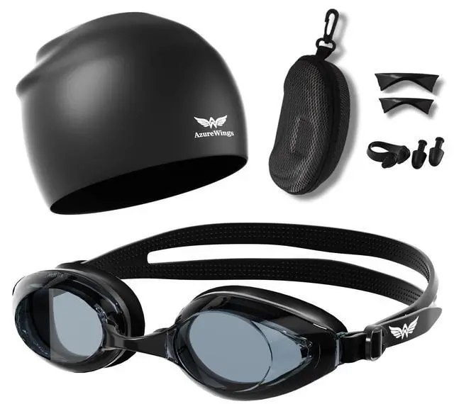 Main image of Swim Goggles + Swim Cap Women Men Adult Kit, Anti-Fog UV No Leak - Upgraded HD Racing Goggles Swimming for Men & Women, Black-Smoke + Cap