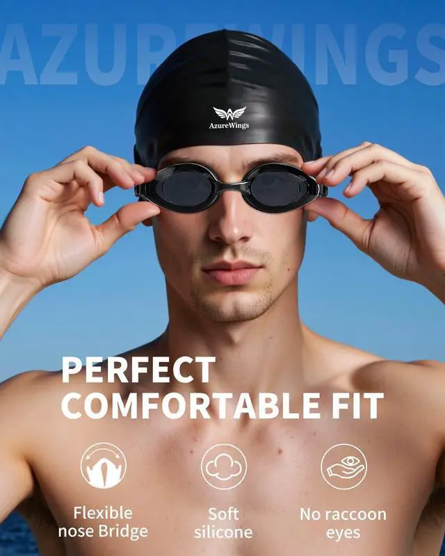 Alt view image 2 of 7 - Swim Goggles + Swim Cap Women Men Adult Kit, Anti-Fog UV No Leak - Upgraded HD Racing Goggles Swimming for Men & Women, Black-Smoke + Cap
