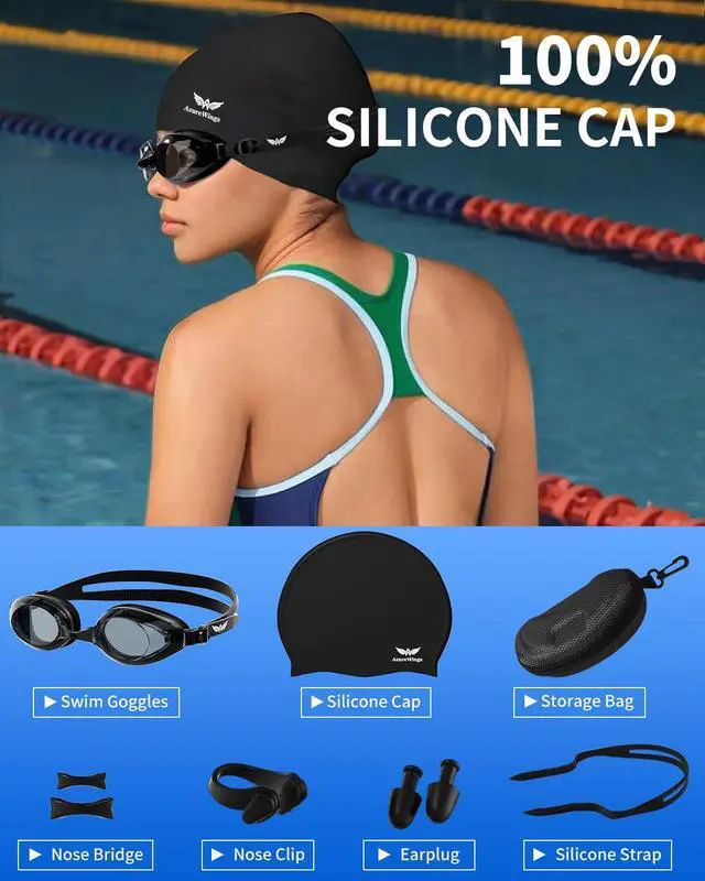 Alt view image 3 of 7 - Swim Goggles + Swim Cap Women Men Adult Kit, Anti-Fog UV No Leak - Upgraded HD Racing Goggles Swimming for Men & Women, Black-Smoke + Cap