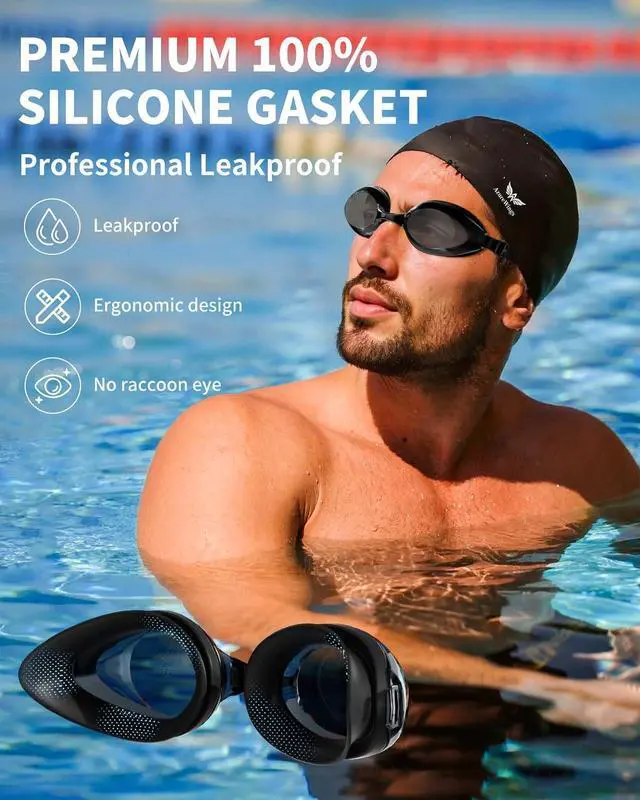 Alt view image 6 of 7 - Swim Goggles + Swim Cap Women Men Adult Kit, Anti-Fog UV No Leak - Upgraded HD Racing Goggles Swimming for Men & Women, Black-Smoke + Cap
