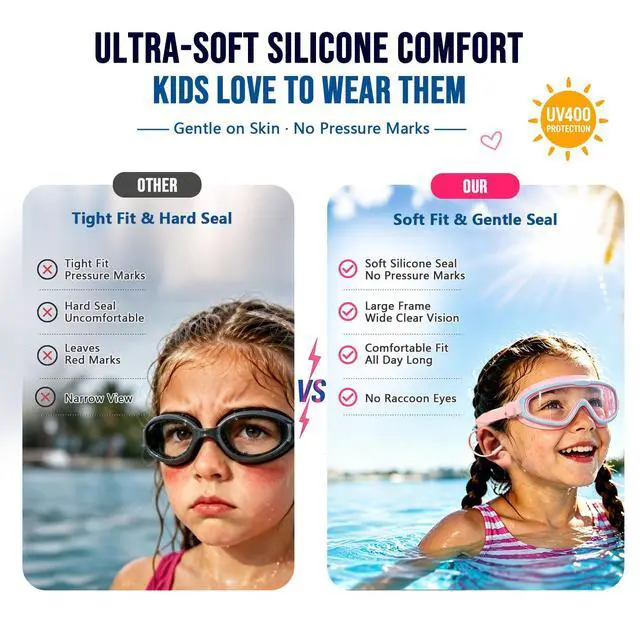 Alt view image 2 of 7 - Kids Swim Goggles 2 Pack, Large Frame Wide View Anti Fog Swimming Goggles for Boys and Girls 3-16 with No Leak & UV Protection, Youth Pool Beach Goggles Essentials