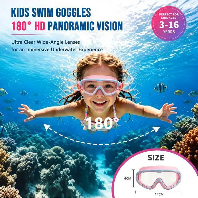 Alt view image 3 of 7 - Kids Swim Goggles 2 Pack, Large Frame Wide View Anti Fog Swimming Goggles for Boys and Girls 3-16 with No Leak & UV Protection, Youth Pool Beach Goggles Essentials