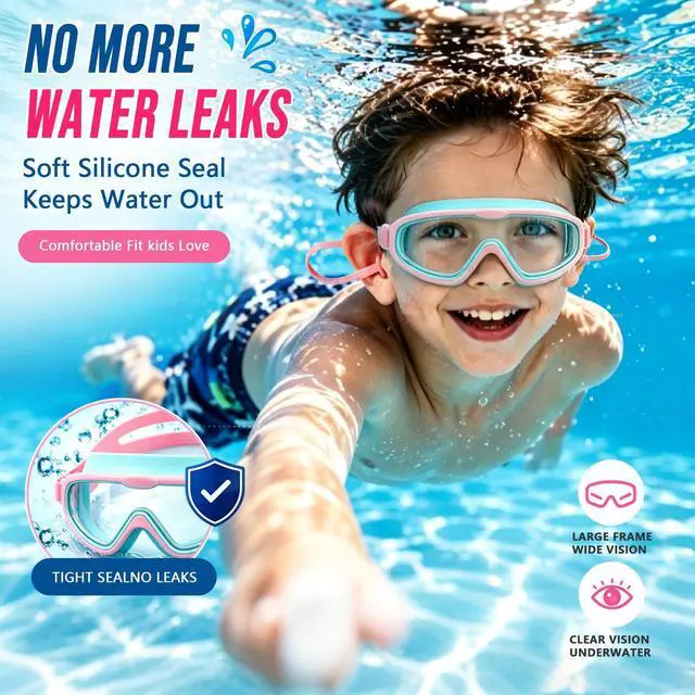 Alt view image 6 of 7 - Kids Swim Goggles 2 Pack, Large Frame Wide View Anti Fog Swimming Goggles for Boys and Girls 3-16 with No Leak & UV Protection, Youth Pool Beach Goggles Essentials