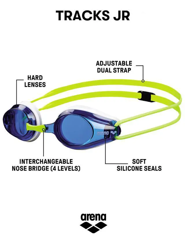 Alt view image 2 of 6 - Tracks Unisex Junior Youth Essential Racing Swim Goggles Kids Swimmers Young Racers Anti-Fog Coated Non-Mirror Lens, Blue/White/Fluo Yellow