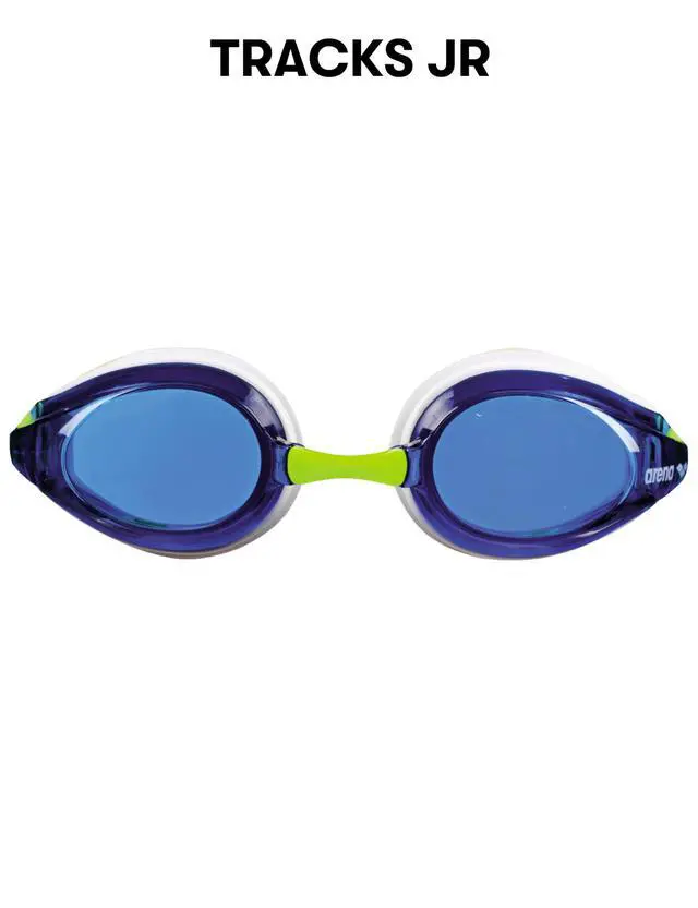 Alt view image 3 of 6 - Tracks Unisex Junior Youth Essential Racing Swim Goggles Kids Swimmers Young Racers Anti-Fog Coated Non-Mirror Lens, Blue/White/Fluo Yellow