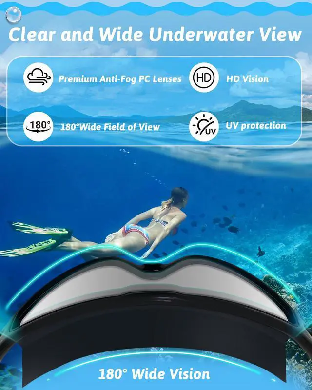 Alt view image 3 of 7 - Swim Goggles, Anti Fog Anti UV, Wide View and No Leaking Swimming Goggles & Swim Cap for Men Women Adult Youth