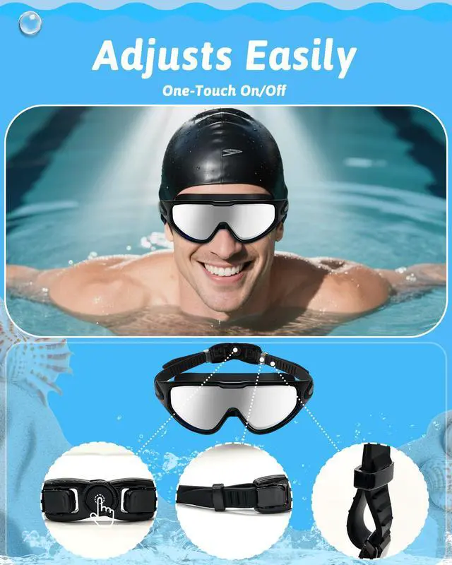 Alt view image 5 of 7 - Swim Goggles, Anti Fog Anti UV, Wide View and No Leaking Swimming Goggles & Swim Cap for Men Women Adult Youth