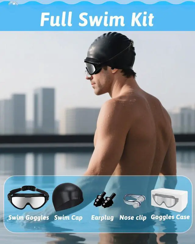 Alt view image 6 of 7 - Swim Goggles, Anti Fog Anti UV, Wide View and No Leaking Swimming Goggles & Swim Cap for Men Women Adult Youth