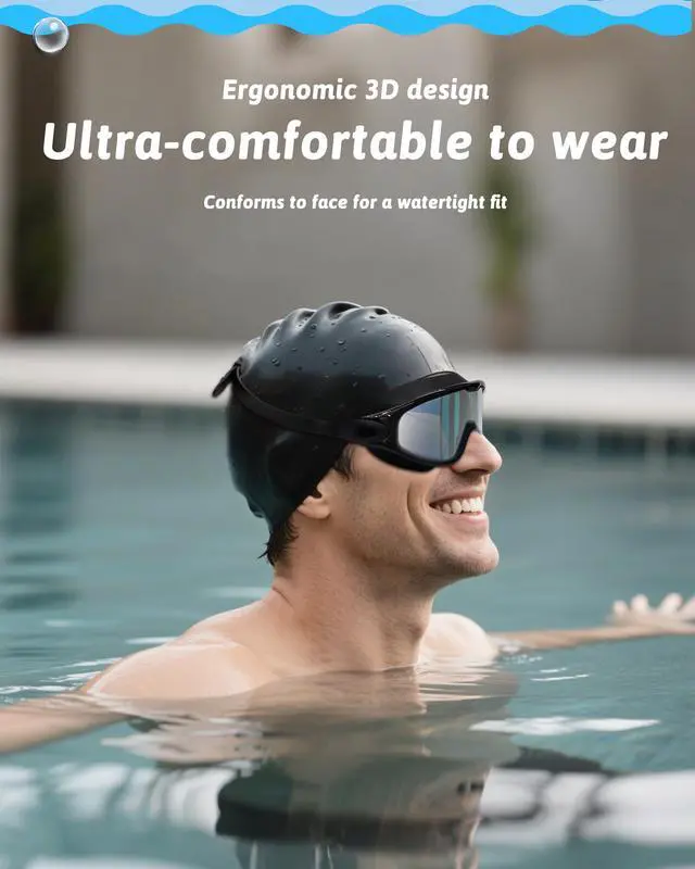 Alt view image 7 of 7 - Swim Goggles, Anti Fog Anti UV, Wide View and No Leaking Swimming Goggles & Swim Cap for Men Women Adult Youth