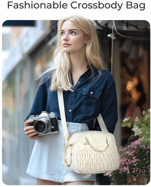 Alt view image 7 of 7 - Camera Sling Bag, Portable Small Camera Bags for Photographers with Tripod Holder, Waterproof DSLR/SLR/Cute Camera Case for Women with Rain Cover, Compatible with Sony Canon Nikon, Camel