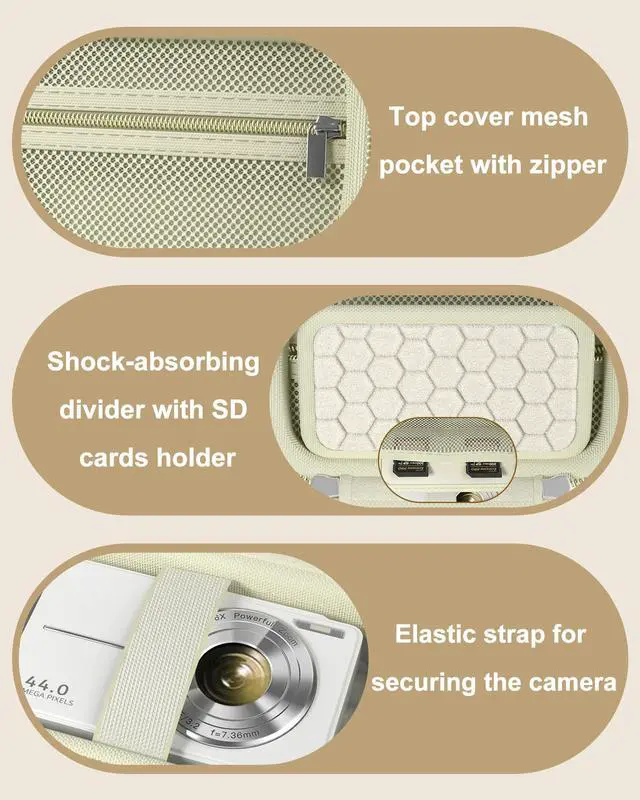 Alt view image 4 of 7 - Digital Camera Case for KODAK Pixpro, Compact Travel Bag -Cream | Vlogging Camera for CAMKORY/Lecran/Lecnippy/Froitx/aycy/FJFJOPK/KODAK PIXPRO FZ55/FZ45 4K, Mesh Pocket for Batteries, SD Card