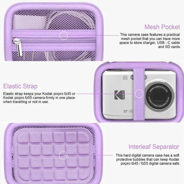 Alt view image 4 of 7 - Case for KODAK PIXPRO FZ55/ FZ45/ C1/ FZ53/ FZ43 Digital Camera | Vlogging Camera Hard Carrying Case Protective Travel Bag, Mesh Pocket for Charger, USB Cable, Batteries and SD Card, Purple