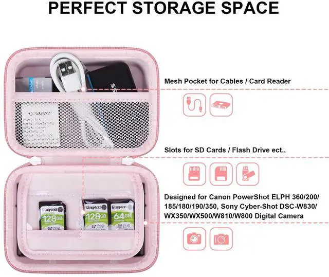 Alt view image 2 of 7 - Camera Carrying Case for Canon PowerShot ELPH 360/200/185/180/190/350, Sony Cyber-Shot DSC-W830/WX350/WX500/W810/W800 Digital Camera, Hard EVA Protective Camera Storage Trave Bag, Pink