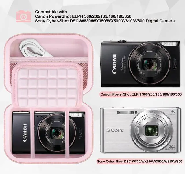 Alt view image 3 of 7 - Camera Carrying Case for Canon PowerShot ELPH 360/200/185/180/190/350, Sony Cyber-Shot DSC-W830/WX350/WX500/W810/W800 Digital Camera, Hard EVA Protective Camera Storage Trave Bag, Pink