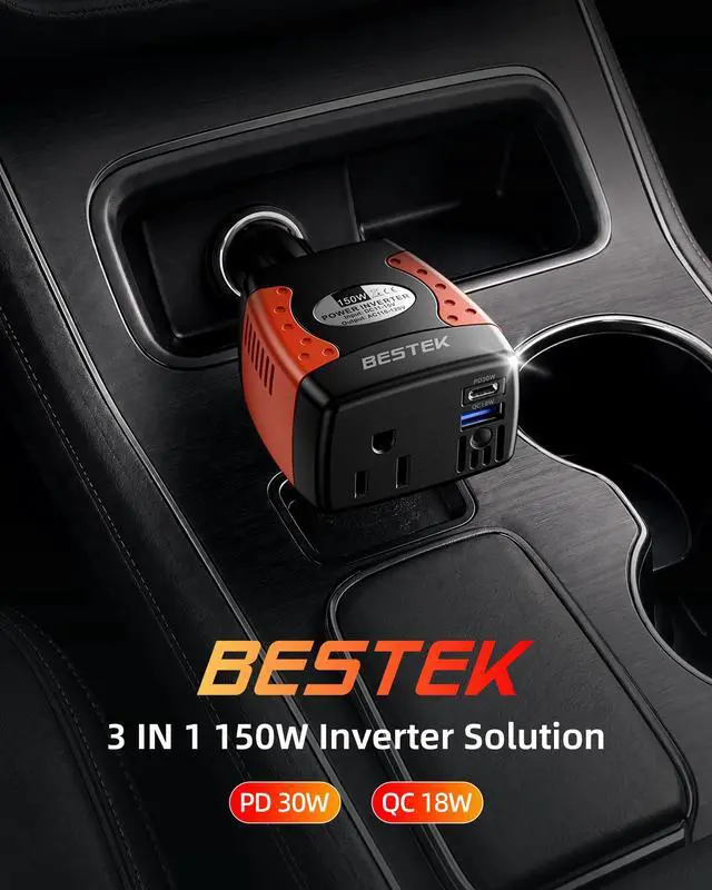 Alt view image 2 of 6 - 150W Car Power Inverter 12V to 110V AC Outlet PD 30W QC 18W USB | Voltage Converter/Car Charger/Power Adapter/Dual Charging Ports/Safety Protection/Road Trip/Camping