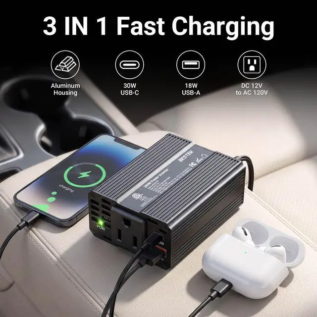 Alt view image 2 of 7 - 200W Car Inverter Power Outlet 12V to 110V Cigarette Lighter Adapter | DC 12V to AC 110V-Car Plug in Adapter Outlet with PD 30W USB-C QC 18W USB-A Fast Charging Port-Car Charger for Phone,Laptop