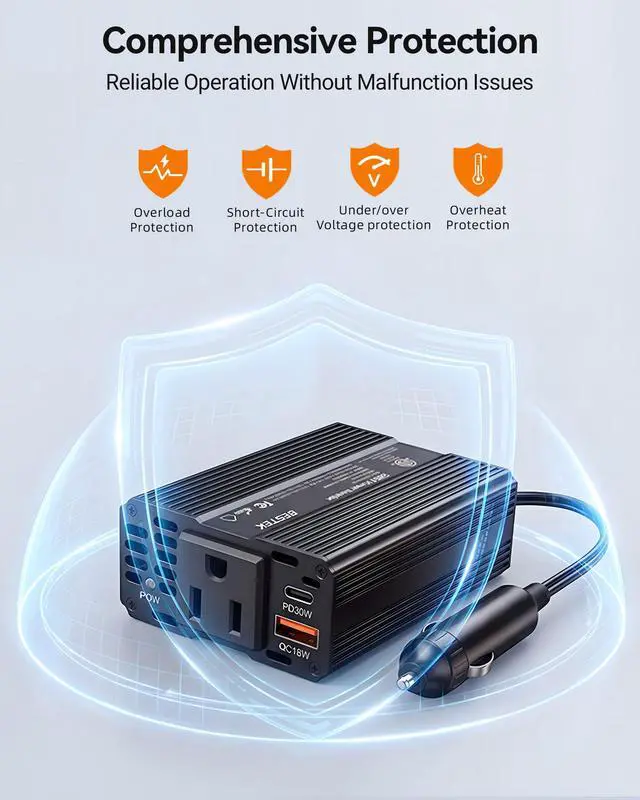 Alt view image 5 of 7 - 200W Car Inverter Power Outlet 12V to 110V Cigarette Lighter Adapter | DC 12V to AC 110V-Car Plug in Adapter Outlet with PD 30W USB-C QC 18W USB-A Fast Charging Port-Car Charger for Phone,Laptop