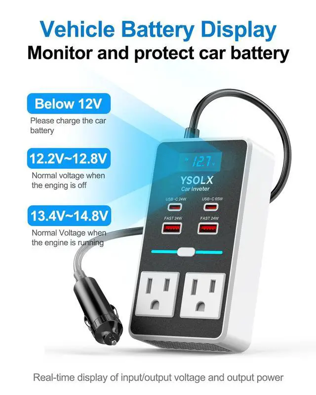 Alt view image 2 of 7 - 300W 12V to 110V Car Power Inverter | 65W USB-C,4 USB Post,Dual AC Car Plug Adapter Outlet,LED display.Suitable for Car Trips, Camping,Laptop