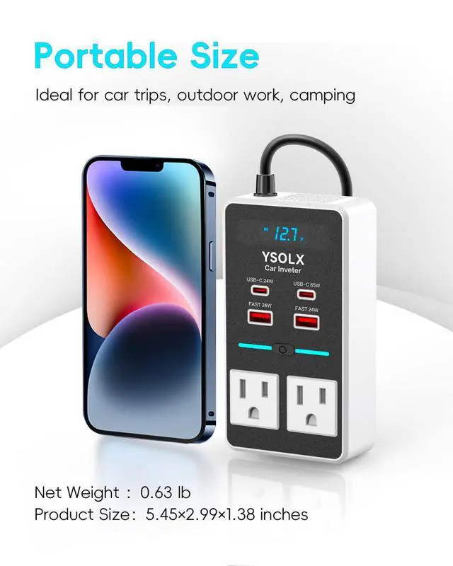 Alt view image 6 of 7 - 300W 12V to 110V Car Power Inverter | 65W USB-C,4 USB Post,Dual AC Car Plug Adapter Outlet,LED display.Suitable for Car Trips, Camping,Laptop