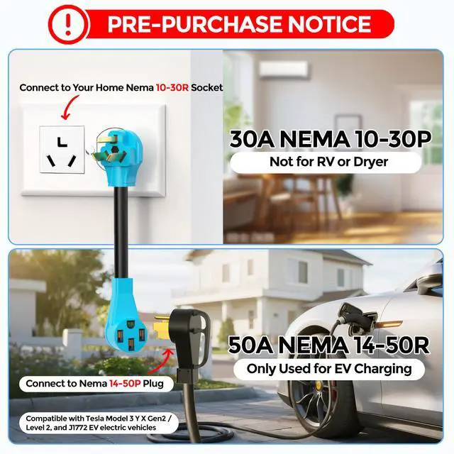 Alt view image 2 of 7 - NEMA 10-30P to 14-50R EV Charger Adapter Cord | Compatible with Tesla Model 3/S/X/Y, 30 Amp Dryer to 50 Amp EV for Level 2 Charging, ETL Listed (Not for RV or Dryer)