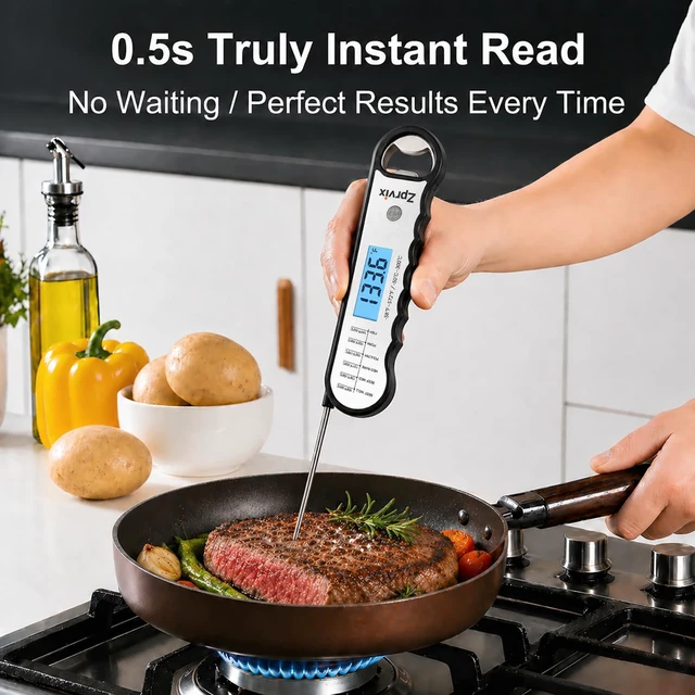 Alt view image 3 of 7 - 0.5s Instant Read Meat Thermometer Digital, Cooking, ±0.5°F Accuracy | Food Thermometer with Lift-to-Wake, Backlight & Auto-Rotating Display, IPX6 Waterproof for Grill, BBQ, Candy & Kitchen