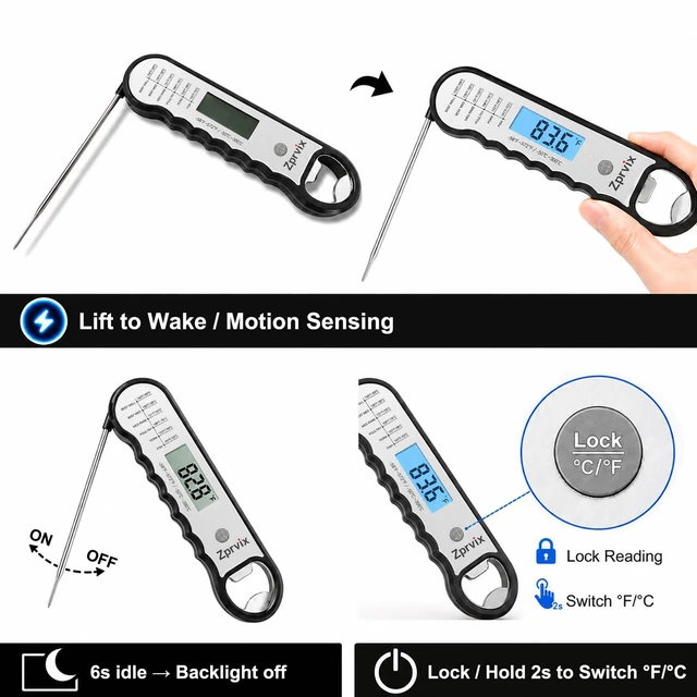 Alt view image 7 of 7 - 0.5s Instant Read Meat Thermometer Digital, Cooking, ±0.5°F Accuracy | Food Thermometer with Lift-to-Wake, Backlight & Auto-Rotating Display, IPX6 Waterproof for Grill, BBQ, Candy & Kitchen