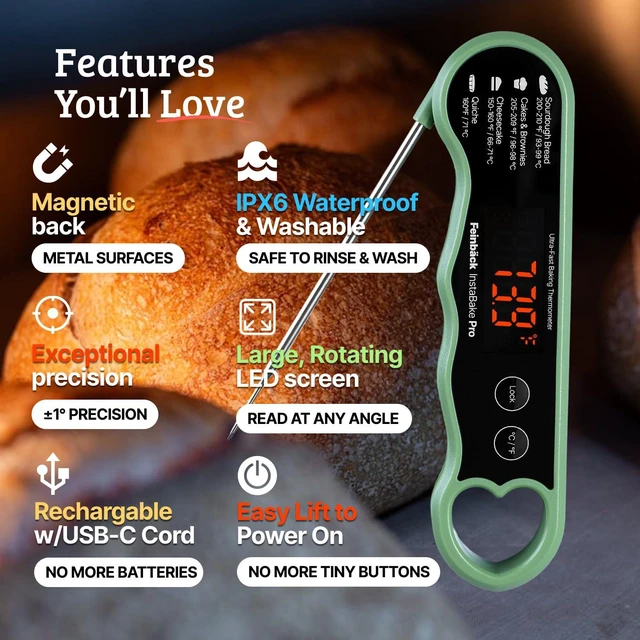 Alt view image 4 of 7 - Pro Instant Read Food Thermometer for Cooking Sourdough Bread Baking | Rechargeable Rotating Screen | Digital Meat Thermometer Kitchen Gadget Grill Accessories | Water-Resistant (Olive Green)