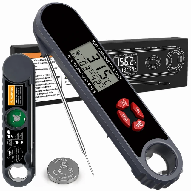 Main image of Instant Read Meat Thermometer Digital with Timer & Bottle Opener, IP67 Waterproof BBQ Thermometer, Foldable Probe & Magnetic Back, LED Backlit, CR2450 Battery Gifts for Men