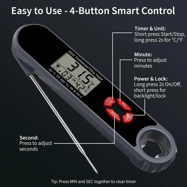 Alt view image 3 of 7 - Instant Read Meat Thermometer Digital with Timer & Bottle Opener, IP67 Waterproof BBQ Thermometer, Foldable Probe & Magnetic Back, LED Backlit, CR2450 Battery Gifts for Men