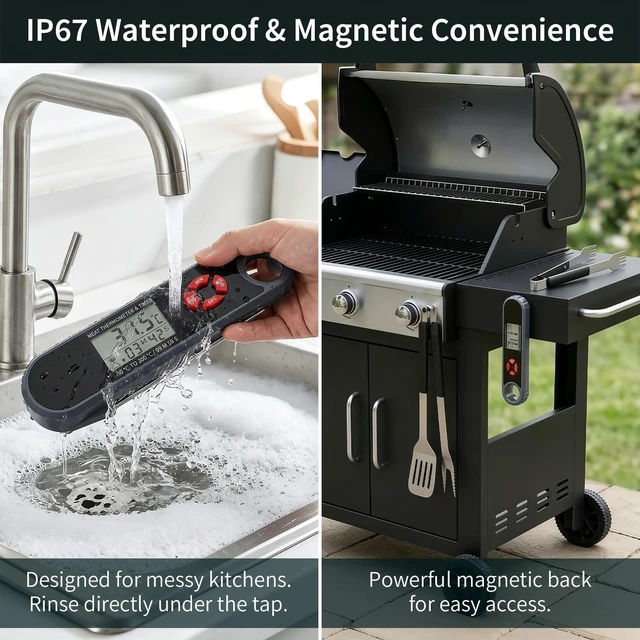 Alt view image 4 of 7 - Instant Read Meat Thermometer Digital with Timer & Bottle Opener, IP67 Waterproof BBQ Thermometer, Foldable Probe & Magnetic Back, LED Backlit, CR2450 Battery Gifts for Men