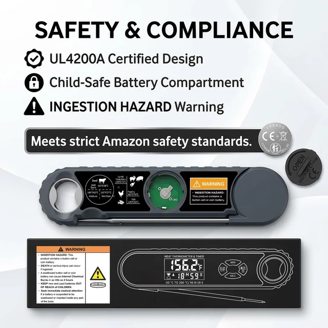 Alt view image 6 of 7 - Instant Read Meat Thermometer Digital with Timer & Bottle Opener, IP67 Waterproof BBQ Thermometer, Foldable Probe & Magnetic Back, LED Backlit, CR2450 Battery Gifts for Men