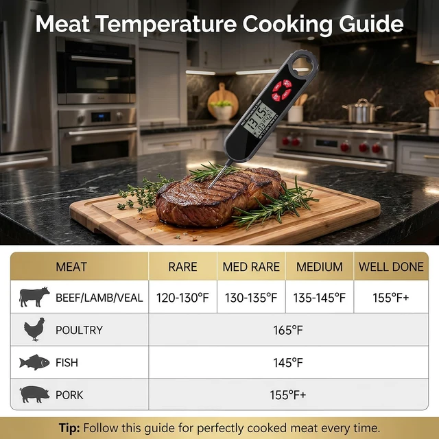 Alt view image 7 of 7 - Instant Read Meat Thermometer Digital with Timer & Bottle Opener, IP67 Waterproof BBQ Thermometer, Foldable Probe & Magnetic Back, LED Backlit, CR2450 Battery Gifts for Men
