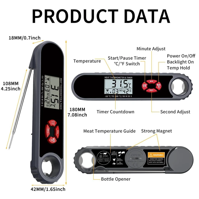 Alt view image 5 of 7 - Instant Read Meat Thermometer Digital with Timer & Bottle Opener, IP67 Waterproof BBQ Thermometer, Foldable Probe & Magnetic Back, LED Backlit, CR2450 Battery Gifts for Men