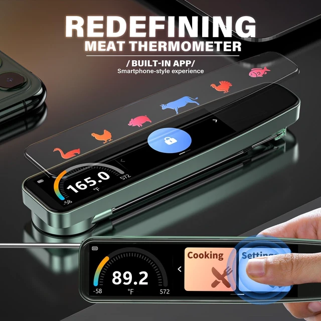 Alt view image 2 of 7 - Instant Read Meat Thermometer Digital, 3.8" Touchscreen No App Needed Rechargeable Waterproof Kitchen Food Thermometer Probe for Cooking, Grill, BBQ, Candy, Oil Frying, 0.5F