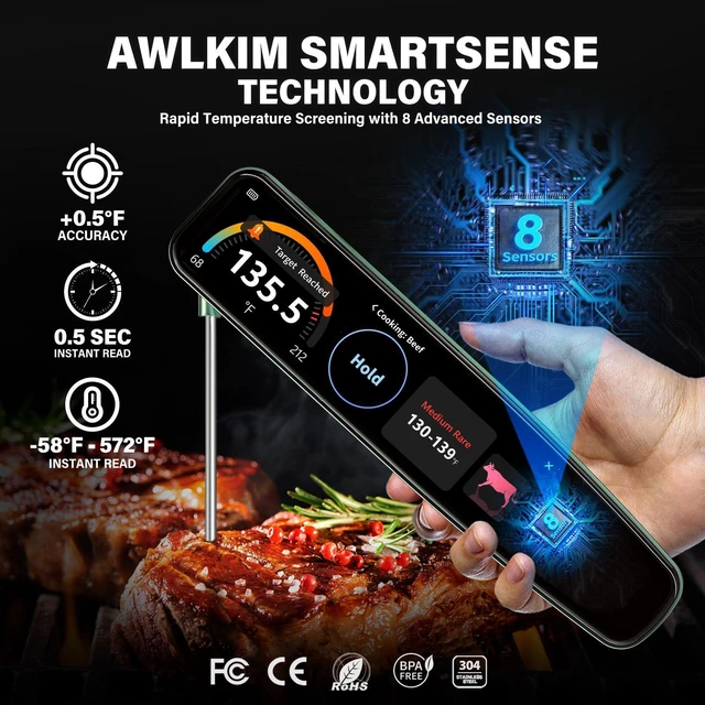 Alt view image 4 of 7 - Instant Read Meat Thermometer Digital, 3.8" Touchscreen No App Needed Rechargeable Waterproof Kitchen Food Thermometer Probe for Cooking, Grill, BBQ, Candy, Oil Frying, 0.5F
