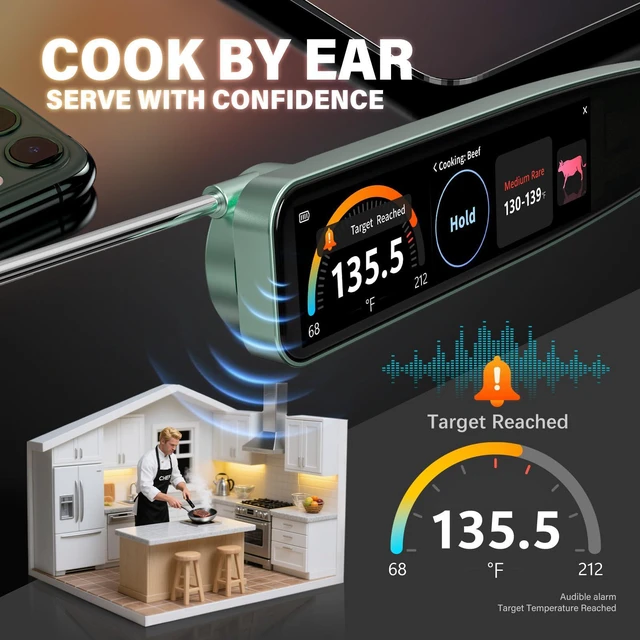 Alt view image 7 of 7 - Instant Read Meat Thermometer Digital, 3.8" Touchscreen No App Needed Rechargeable Waterproof Kitchen Food Thermometer Probe for Cooking, Grill, BBQ, Candy, Oil Frying, 0.5F