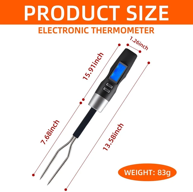 Alt view image 2 of 7 - Digital BBQ Grill Thermometer Fork with 5.1in Stainless Steel Probe | Instant Read 16in Extra Long Design, Programmable Meat Thermometer for Grilling Steak, Chicken, Turkey, Pork