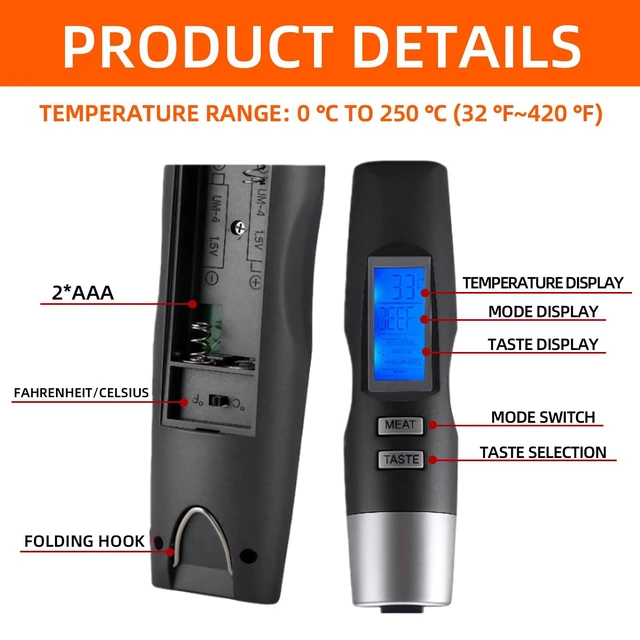 Alt view image 3 of 7 - Digital BBQ Grill Thermometer Fork with 5.1in Stainless Steel Probe | Instant Read 16in Extra Long Design, Programmable Meat Thermometer for Grilling Steak, Chicken, Turkey, Pork