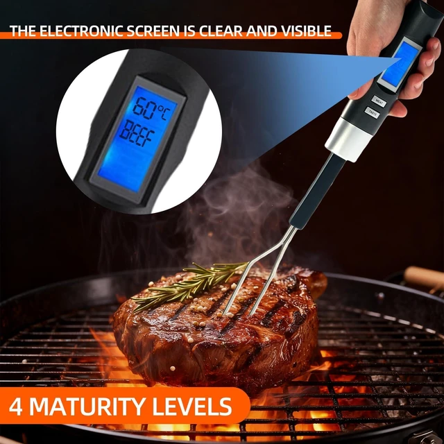 Alt view image 5 of 7 - Digital BBQ Grill Thermometer Fork with 5.1in Stainless Steel Probe | Instant Read 16in Extra Long Design, Programmable Meat Thermometer for Grilling Steak, Chicken, Turkey, Pork