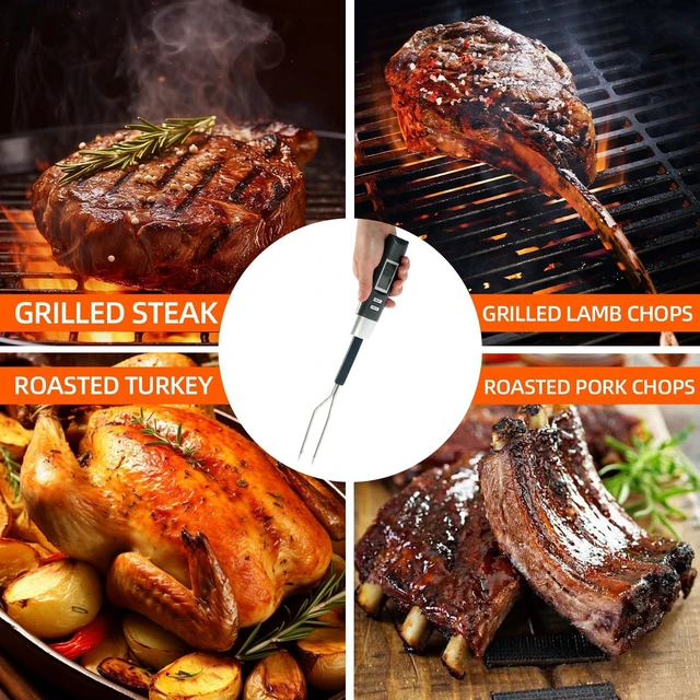 Alt view image 6 of 7 - Digital BBQ Grill Thermometer Fork with 5.1in Stainless Steel Probe | Instant Read 16in Extra Long Design, Programmable Meat Thermometer for Grilling Steak, Chicken, Turkey, Pork