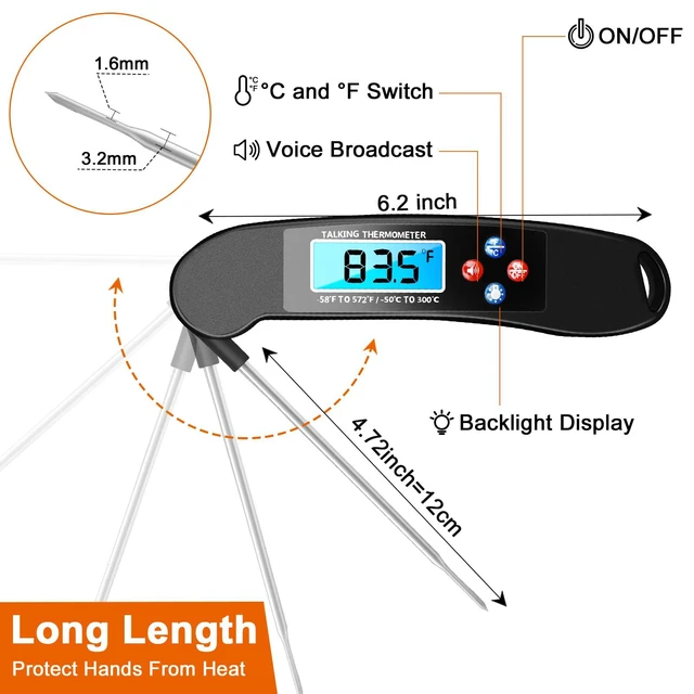 Alt view image 4 of 7 - 2PCS Digital Talking Thermometer for The Blind, Waterproof Instant Read Food Thermometer with Talking Function & Backlight, Meat Thermometer with Probe for Cooking and Grilling, and More