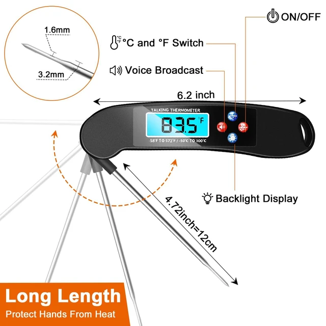 Alt view image 4 of 7 - Digital Talking Thermometer for The Blind, Waterproof Instant Read Food Thermometer with Talking Function & Backlight, Meat Thermometer with Probe for Cooking and Grilling, and More