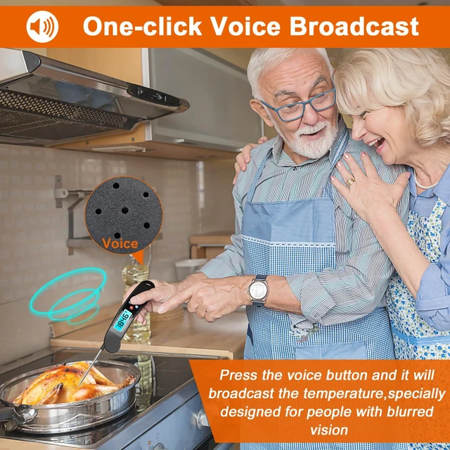 Alt view image 3 of 7 - Digital Talking Thermometer for The Blind, Waterproof Instant Read Food Thermometer with Talking Function & Backlight, Meat Thermometer with Probe for Cooking and Grilling, and More