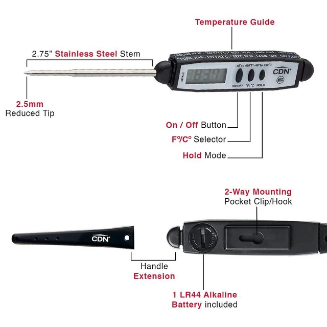 Alt view image 2 of 6 - Waterproof Digital Cooking Thermometer Instant Read 2.75" Stainless Shatterproof Ideal for Meat, Poultry, BBQ NSF Certified, Black (DT450X)