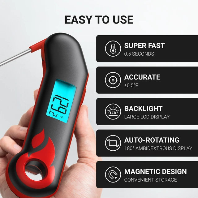 Alt view image 2 of 6 - Professional Meat Thermometer, Instant Read in 0.5 Sec, NIST Certified Accuracy ±0.5°F, IP67 Waterproof, Ambidextrous Backlight & Auto-Rotating Display, for BBQ/Grill/Cooking, Black&Red